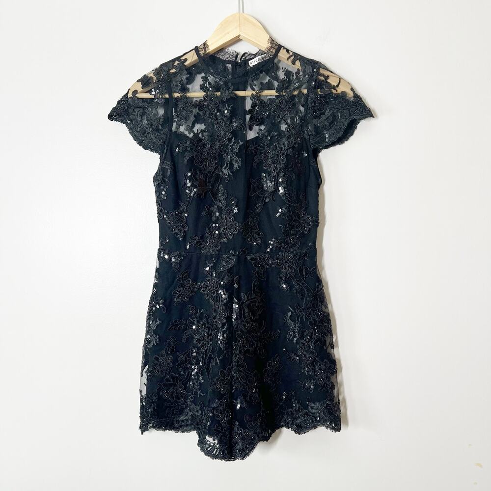 Alice + Olivia Alaina Lace Romper Sequin Black Size 0 - Picture 3 of 11